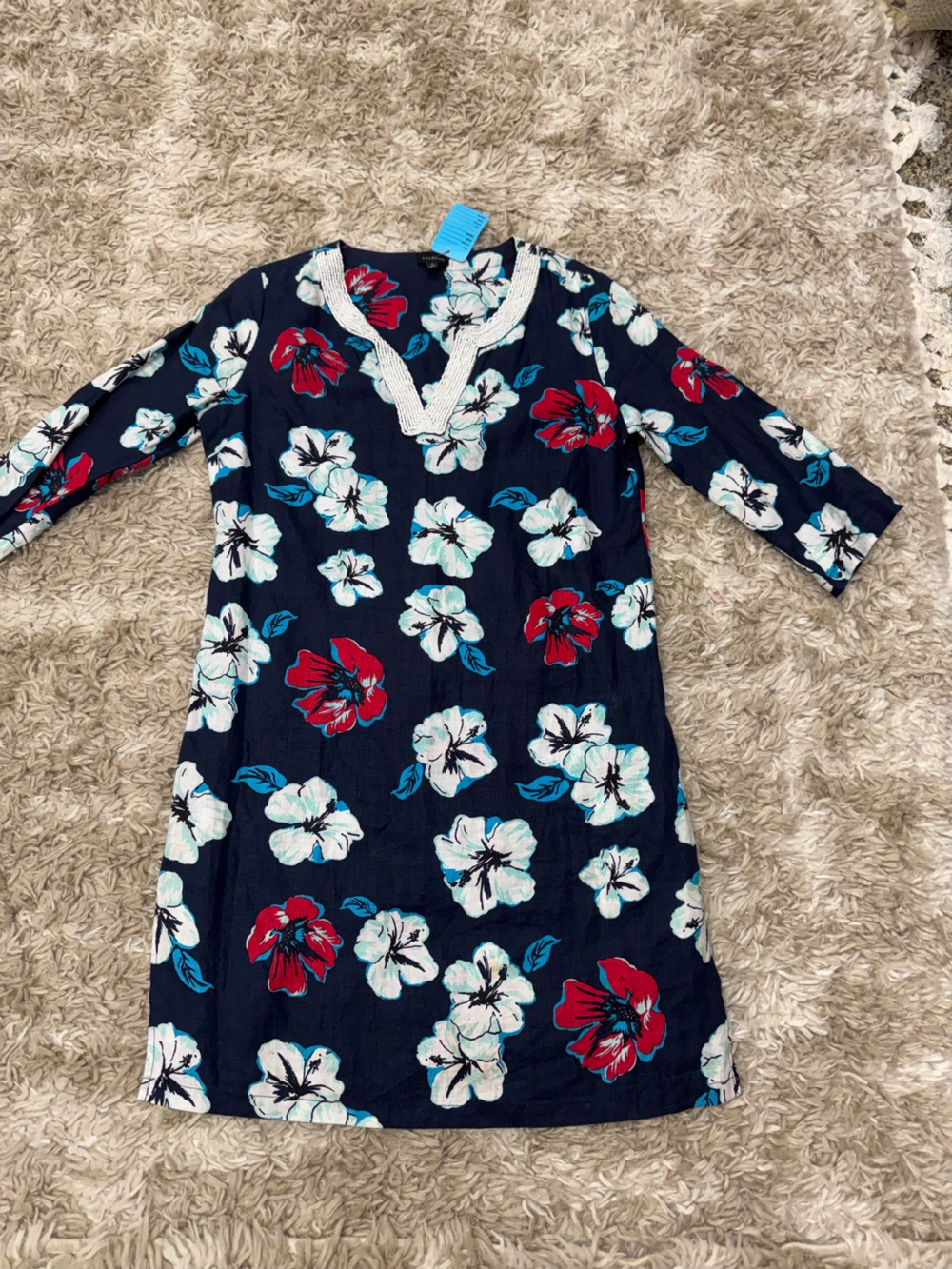Talbots Navy Floral V-Neck Tunic with White Beaded Trim